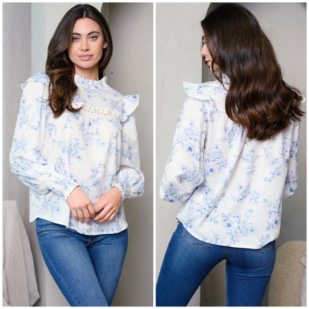 ALICE BLUE Stitch Fix White Blue Floral Long Sleeves Top - Picture 2 of 5